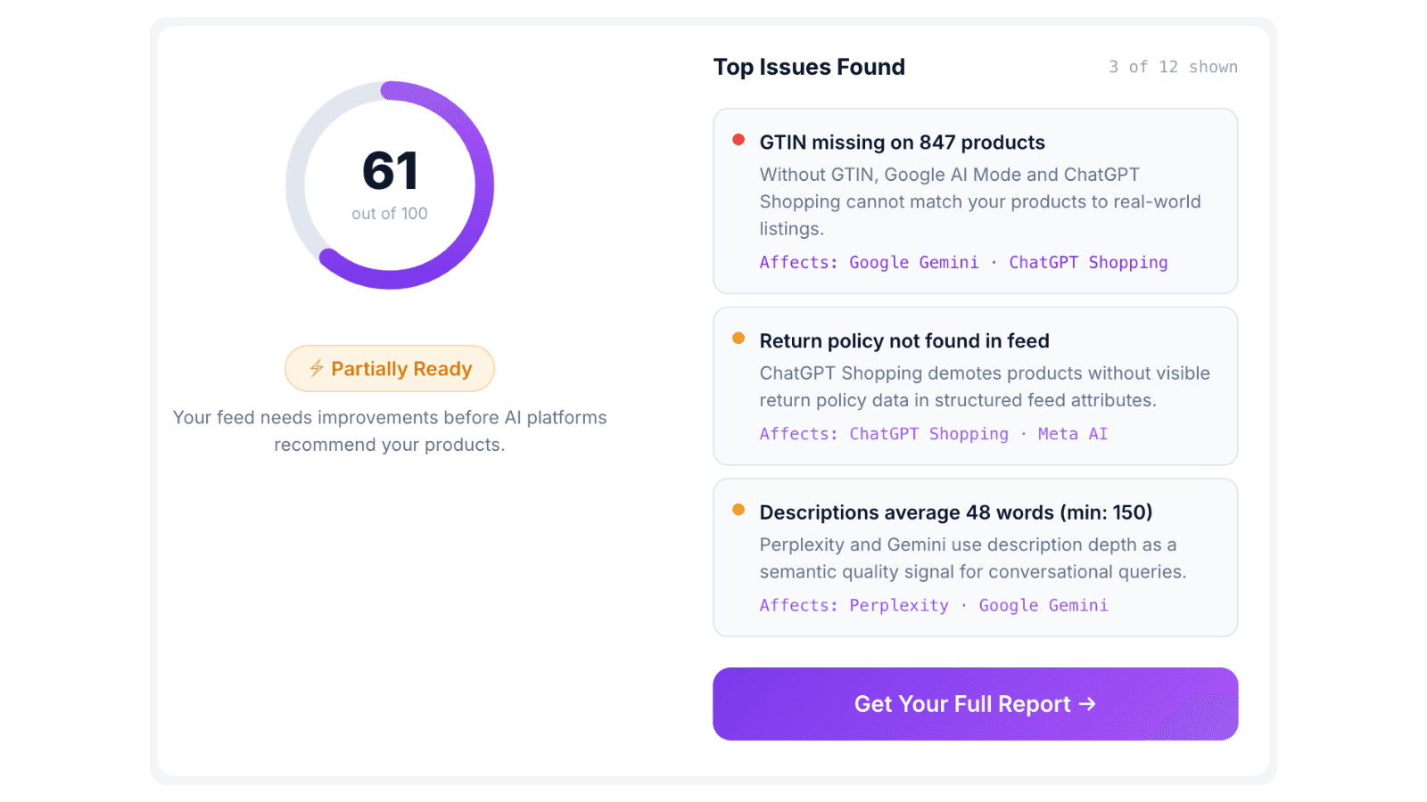 AI feed readiness audit results showing a feed score and top issues found